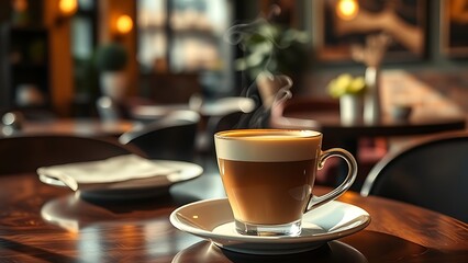 Steaming hot latte cup on an elegant cafe table, evoking a warm morning breakfast atmosphere.