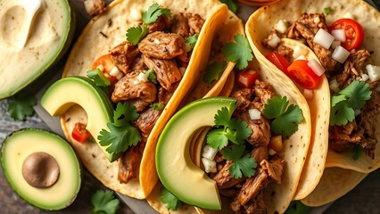 A vibrant display of Mexican street tacos with fresh ingredients, captured from an overhead angle.