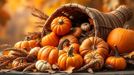 Cornucopia overflowing with pumpkins, gourds, and wheat stalks, embodying an elegant harvest theme.