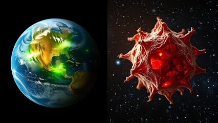 Two stem cells side by side—one vibrant on Earth, the other withered in starry space.