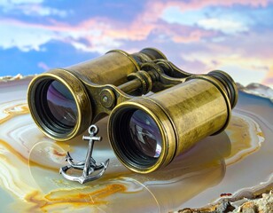Antique brass binoculars and anchor on agate slice