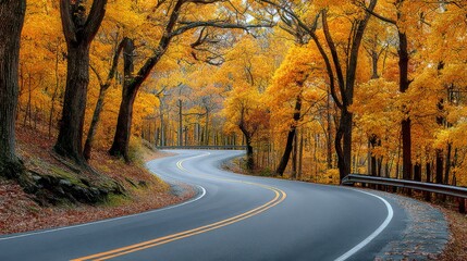 Obraz premium Road through Autumn: An winding road meanders through a vibrant forest awash in the golden hues of autumn, inviting exploration and travel.