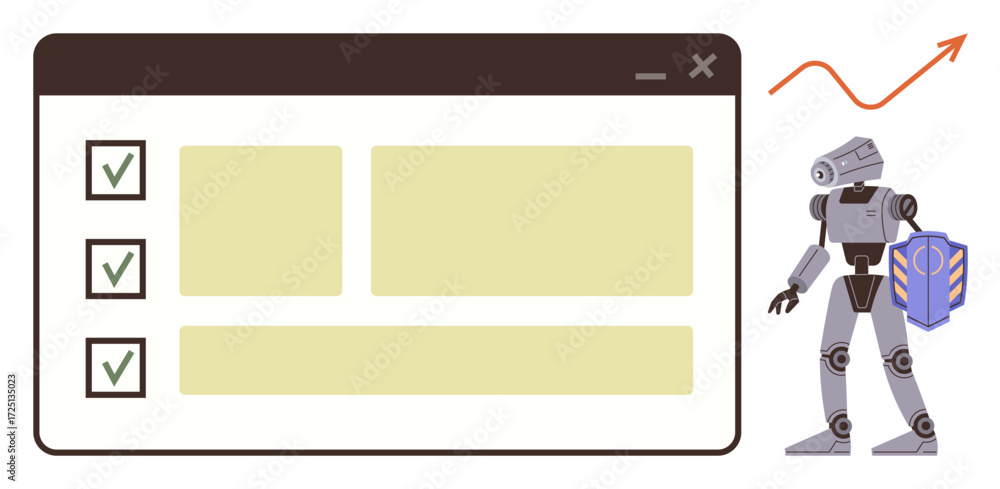 Poster robot completing checklist within a digital interface as graph indicates upward growth. ideal for au