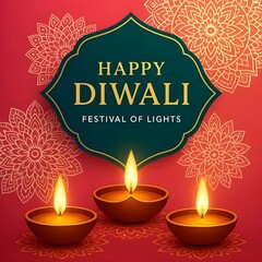 Happy Diwali Poster with Diya Lamp and Peacock Vector Illustration. Indian festival of lights Design. Suitable for Greeting Card, Banner, Flyer, Template.