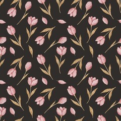 Watercolor seamless pattern with flowers in pastel pink  colors, isolated on dark background. Perfect for wrapping paper, posters, kids room decor, invitations and textile designs.