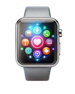 Smartwatch, with colorful app icons on screen wearable, cutout, PNG isolated on transparent background