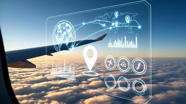 Airplane at sunset with futuristic travel UI overlay using icons
