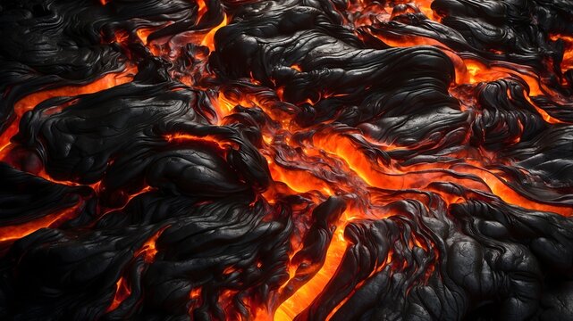 Abstract lava texture with glowing molten orange and black waves, fiery magma surface, volcanic fluid art pattern, dramatic dark energy background for modern design and wallpaper
