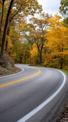 Fototapeta premium Winding Road through Autumn Forest: A scenic asphalt road meanders through a vibrant autumn forest, with trees displaying their beautiful foliage of changing hues of red and yellow.