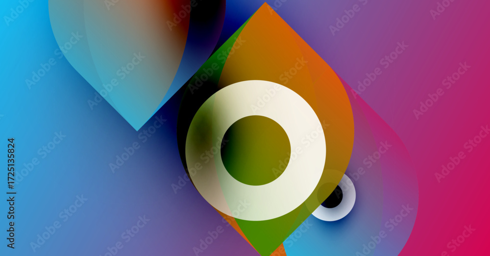 Poster abstract colorful shapes overlap, creating dynamic visual effect. white circle dominates center, ble