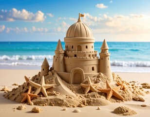 Sandcastle on beach, vibrant colors