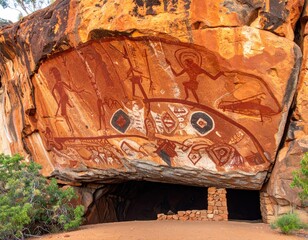 Ancient rock art adorns a cave entrance