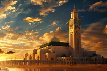 Fototapeta premium The hassan ii mosque stands majestically against a vibrant sunset sky in casablanca, morocco