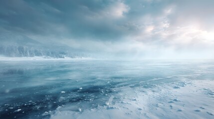 A vast frozen lake stretches towards a snow covered shoreline under a dramatic cloudy winter sky