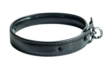 A stylish black leather collar, expertly crafted, sits elegantly on a dark backdrop. The collars sleek design exudes modern canine fashion.