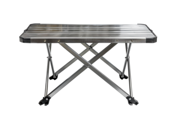 Silver, folding table with black trim is displayed on a black background. Perfect for camping or indooroutdoor events needing a sturdy, transportable surface.