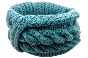 Closeup of a stylish blue braided knit headband. Cozy and fashionable, its perfect for winter wear and adds trendy charm.