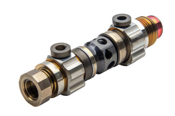 Intricate metal assembly with various components highlighted against a dark background. This industrial part showcases precision engineering. 200 char