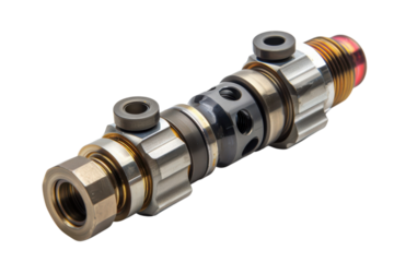 Intricate metal assembly with various components highlighted against a dark background. This industrial part showcases precision engineering. 200 char