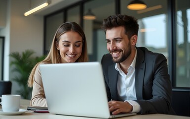 Its up to both of us to bring the results. Shot of a young businessman and businesswoman using a laptop in a modern office. High quality
