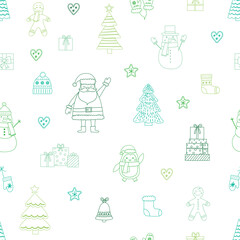 Christmas seamless pattern with cartoon characters and decorations. Vector illustration
