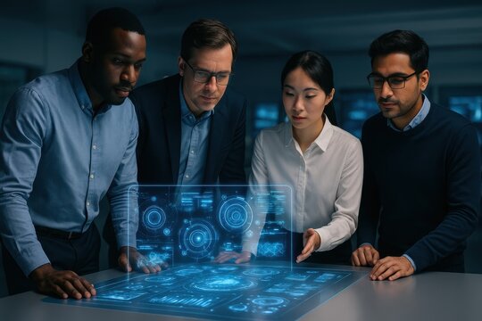 Business team analyzing data on futuristic holographic display