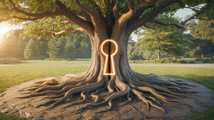 Obraz premium Unlock hidden potential and discover new beginnings with this symbolic ancient tree revealing a glowing keyhole in a serene park setting