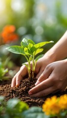 Hands planting a small green seedling in fertile soil, symbolizing growth and new beginnings in a garden