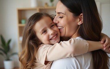 Close up side view overjoyed smiling young mother and daughter hugging and laughing, enjoying tender moment, happy mum and adorable preschool girl kid cuddling, having fun together at home