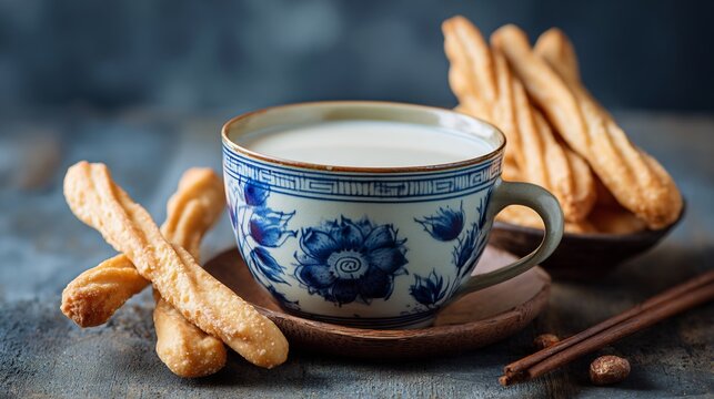 Traditional soy milk porcelain cup with fried dough sticks beside Dou Jiang You Tiao