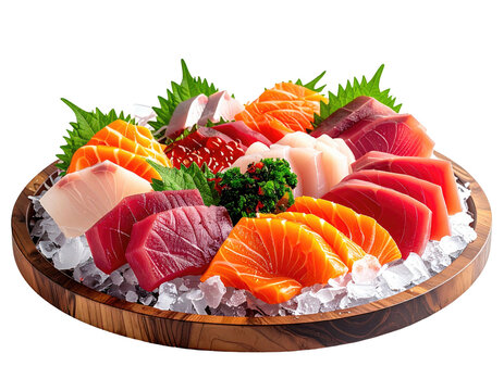 Assorted sashimi platter on a round wooden tray filled with ice.