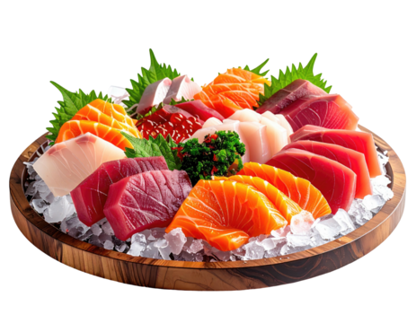 Assorted sashimi platter on a round wooden tray filled with ice.