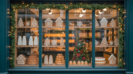 Capture the magic of the season with a stunning Christmas bakery window display featuring gingerbread houses, festive treats, and a decorated tree
