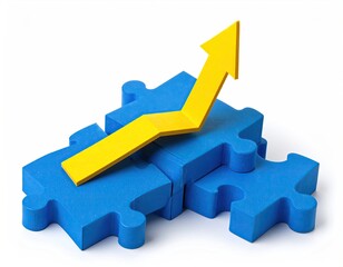 Yellow arrow rising from blue puzzle pieces