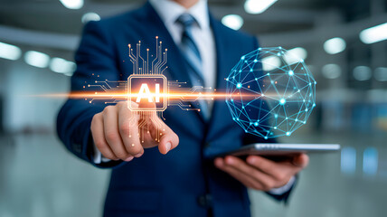 Professional businessman interacts with glowing AI neural network symbolizing future technology and global connectivity