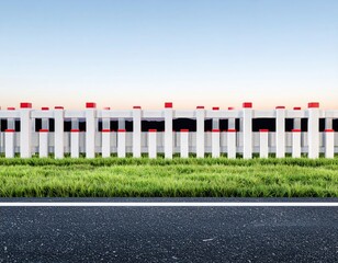 White fence along a road, grassy verge, clear sky