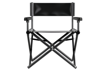 A sleek black folding chair stands out against a solid black backdrop, emphasizing its minimalist design and construction.