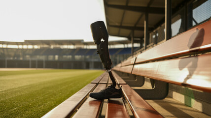 Amputee athlete's prosthetic leg rests on stadium bench, symbolizing resilience and determination for sports and recovery