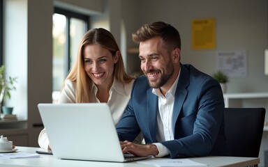 Fototapeta premium Two business people using a laptop together in an office. High quality
