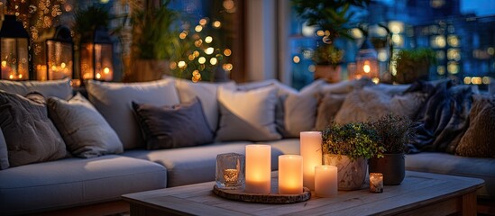 Cozy outdoor living space at night, lit by candles