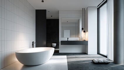 Modern bathroom with minimalist design.  White tiles, dark accents, and a freestanding tub.  Natural light floods the space