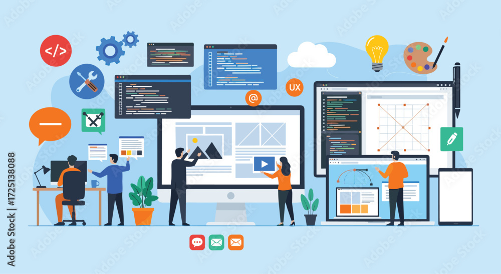 Aufkleber digital marketing team collaborating on screens for modern web development projects vector