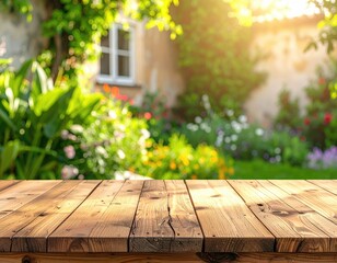 Wooden table top in a garden setting.  Blurred garden background with flowers and greenery, sunlit