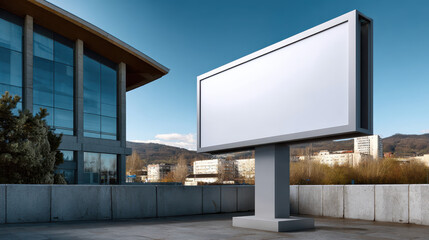 Obraz premium Blank outdoor billboard on modern building rooftop with clear blue sky and cityscape background