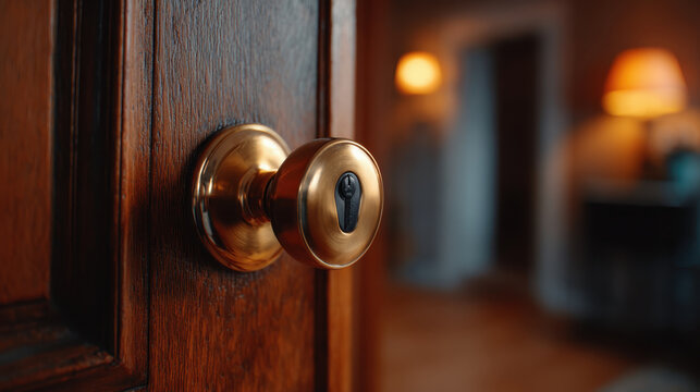 Brass door knob on wooden door with warm lighting in background creating cozy atmosphere