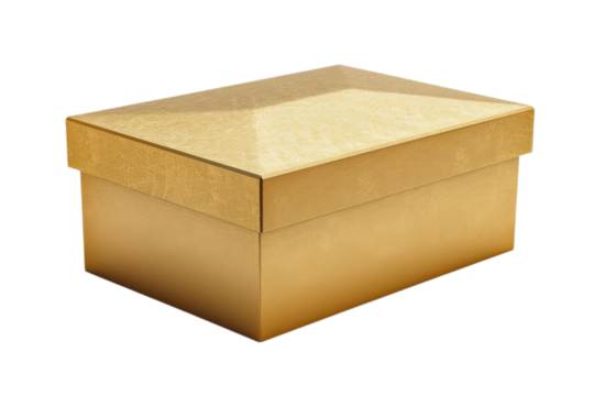 A gleaming golden box against a black background exudes elegance. The reflective surface adds depth, ideal for luxury packaging or a treasure chest concept.