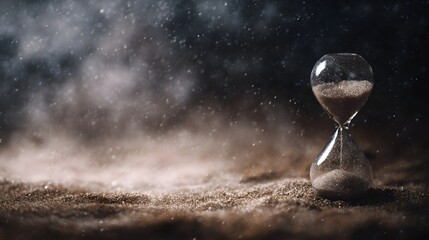 An antique hourglass on a sandy surface with sand flowing set against a dark dusty atmospheric background symbolizing the passage of time