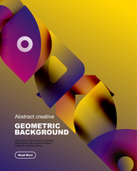 Abstract geometric shapes blend vibrant purple, yellow hues. Modern design creates dynamic visual impact. Text promotes creative background.