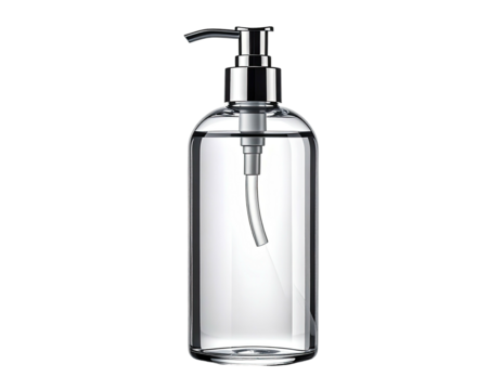 Clear glass pump bottle, cylindrical shape, with a chrome-colored dispensing pump