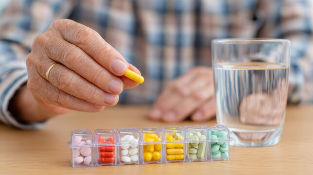 Yellow pill pill organizer glass of water elderly hand medication daily pills health care senior person